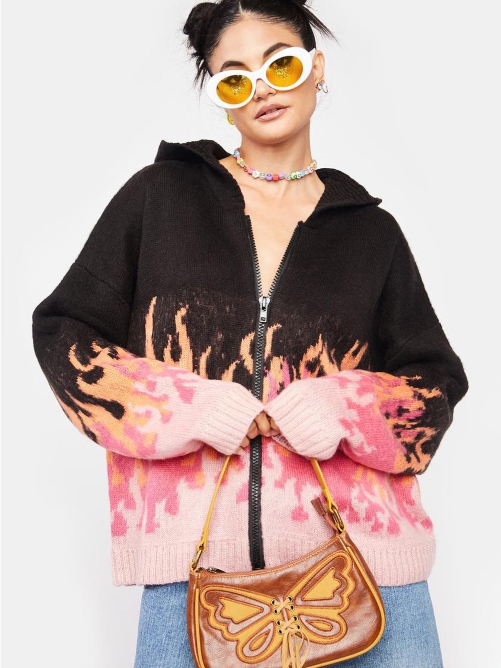 Dolls Kill Ragged Priest Enlightened Flame Fuzzy Zip Up Hoodie Size Medium